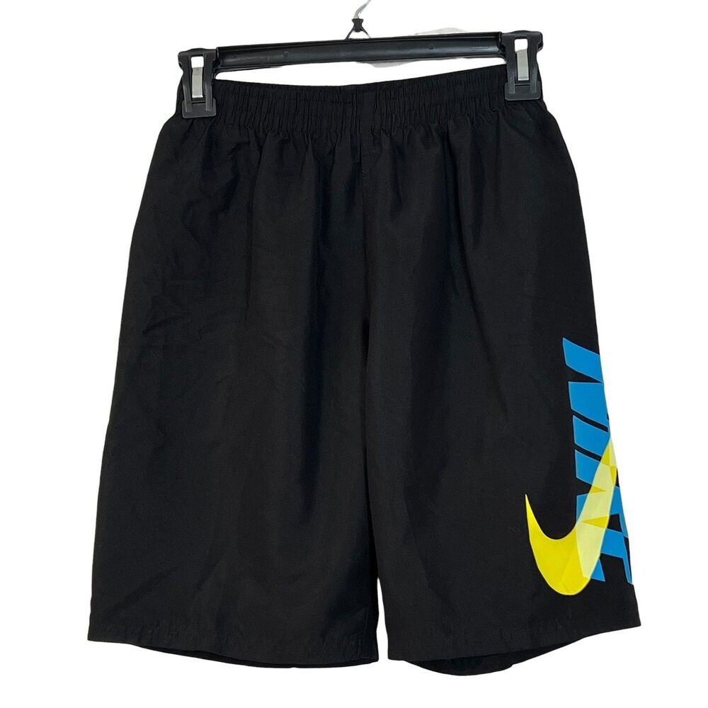 Nike Boys XL Black Swim Trunks Blue Yellow Graphic Logo Mesh Lined Summer